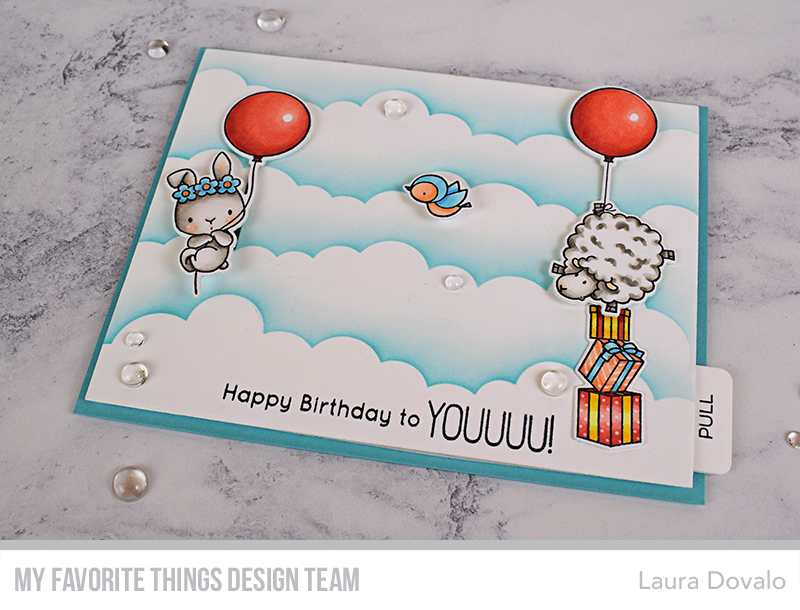 Close up of interactive card with cute Birdie Brown critters and red balloons.