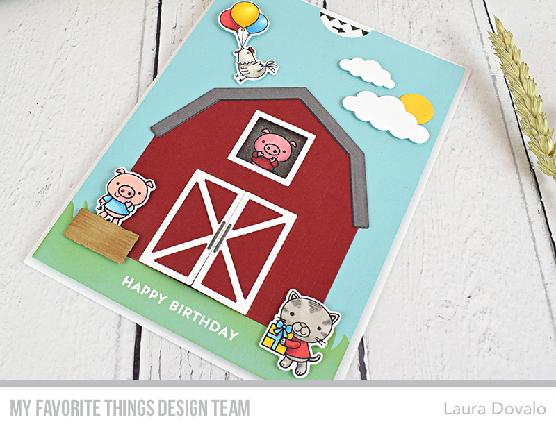 Close up of interactive barn card for MFT Stamps.