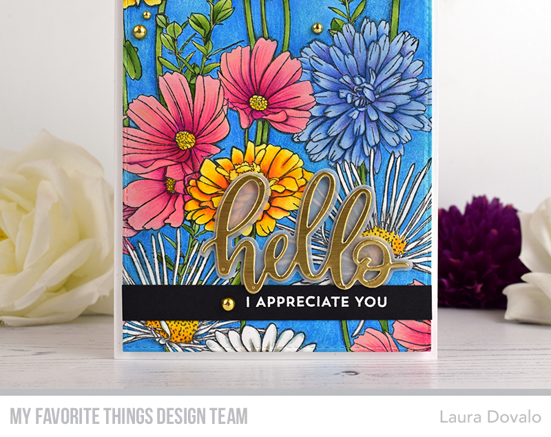 Close up of card with flower field stamp, colored with Copic markers and Prismacolor pencils.