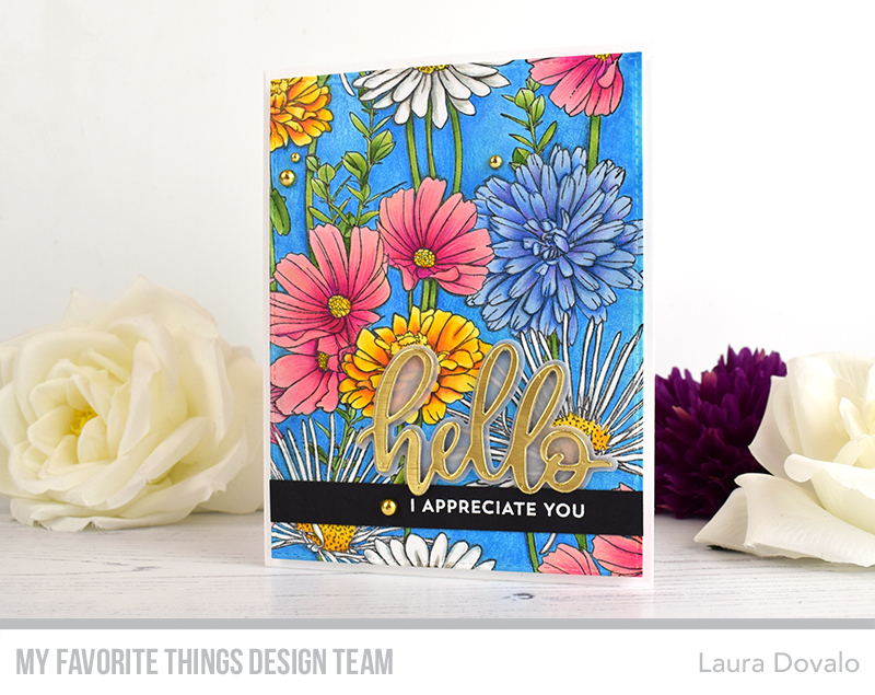 Beautiful flowe field card for MFT STamps by Laura Dovalo.