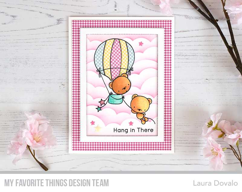 Sweet card with gingham paper piecing for the MFT July Card Kit Release.