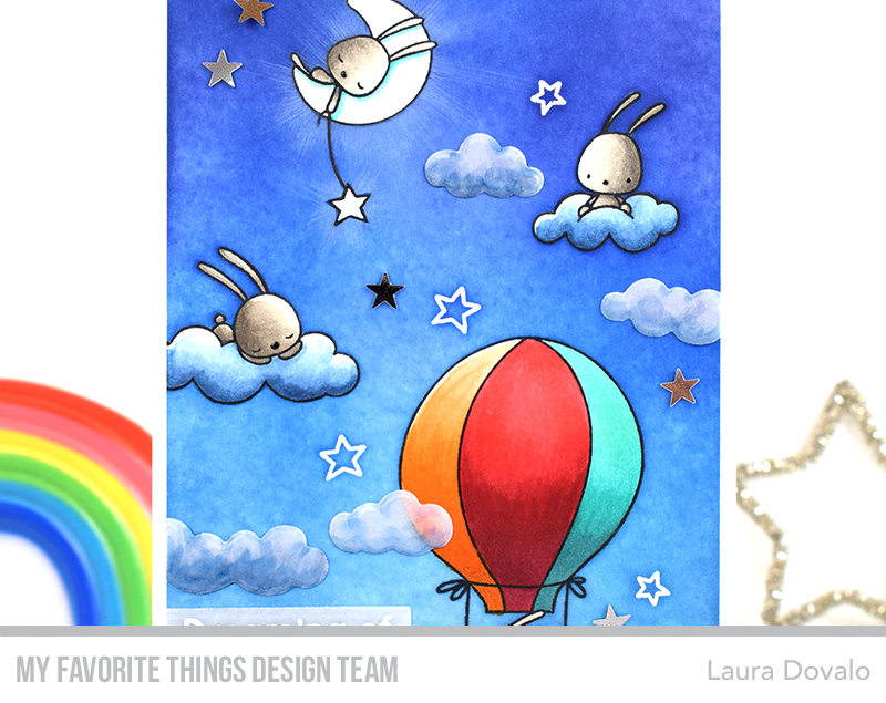 Close up of card with a night sky filled with cute bunnies.