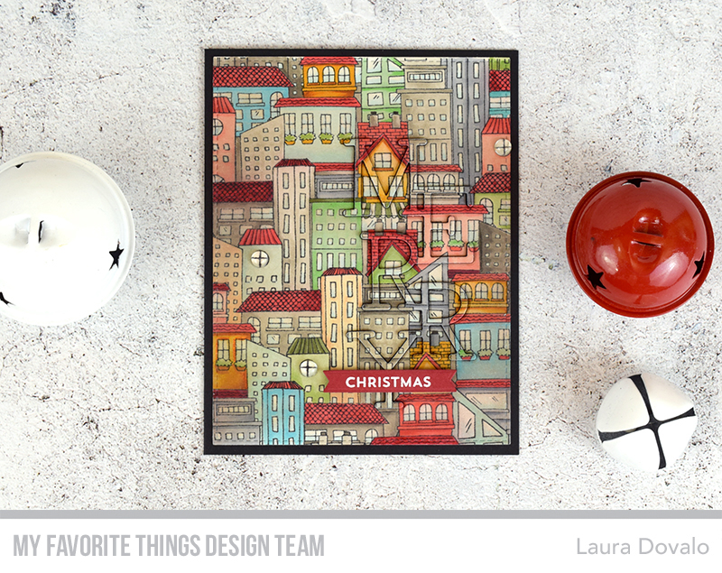 Cenital view of colorful card with retro feel and City Block stamp by MFT.
