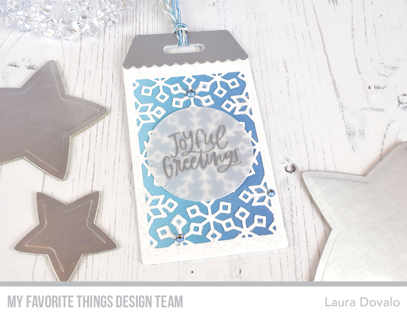 Frosty tag in white, light blue and silver.