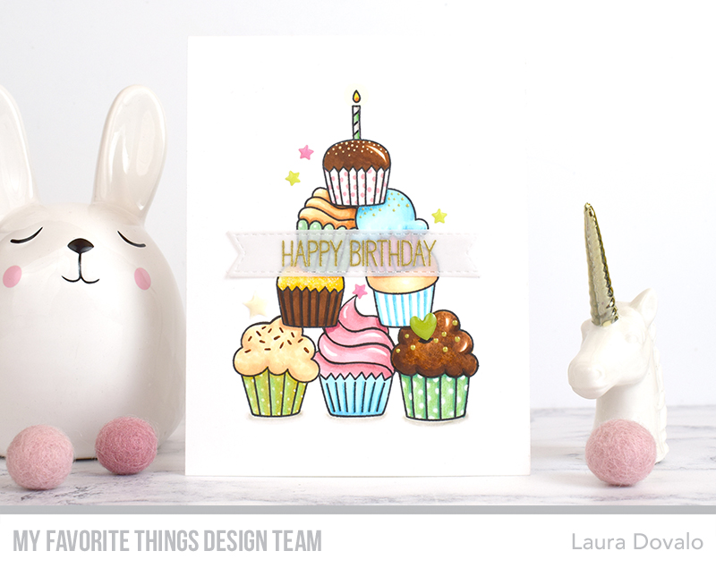 Front view of greeting card with colorful cupcakes created by Laura Dovalo.