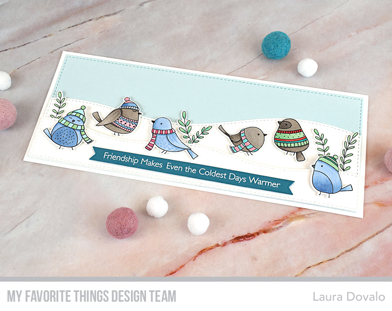 Slimline card with winter scene and stamps from the Winter Songbird set.