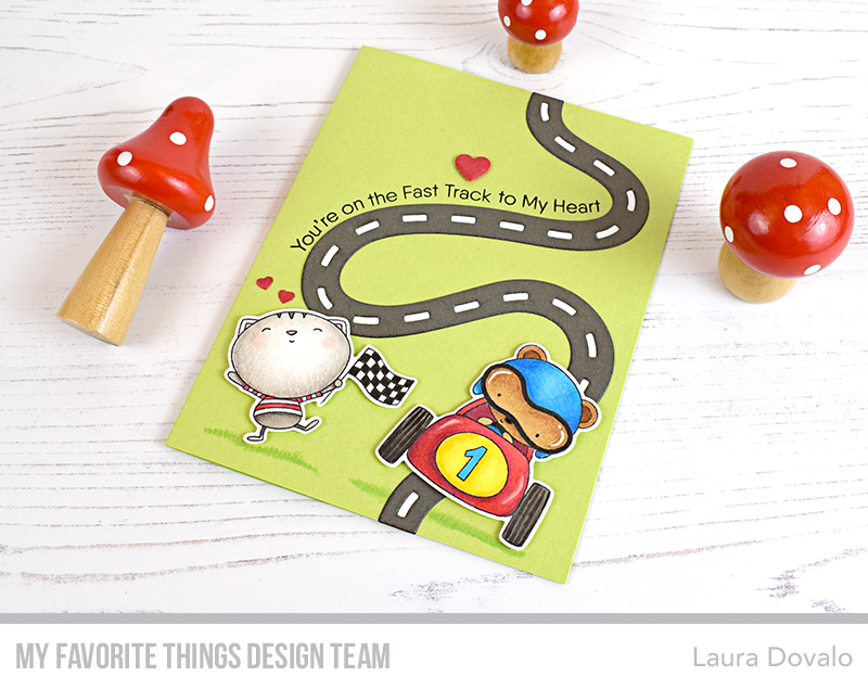 Love themed greeting card with race track and car .