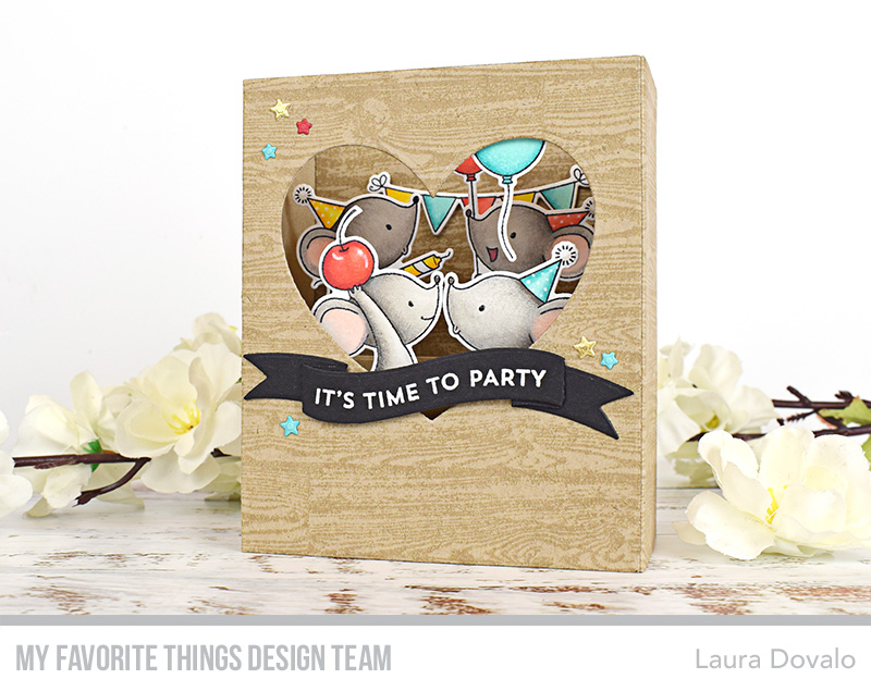 Wood texture shadow box card with cute mice for the February MFT & Friends.