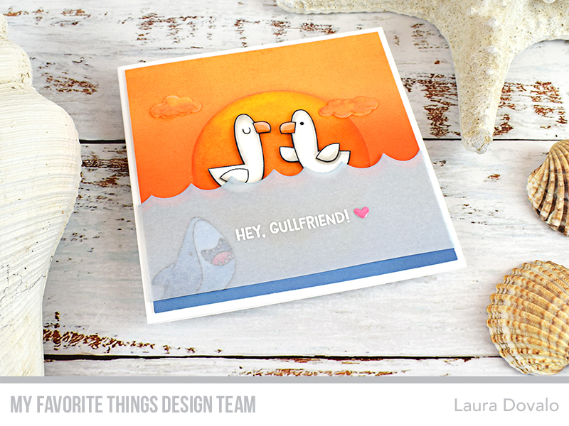 Colorful card with ink blended orange sunset and seagulls.