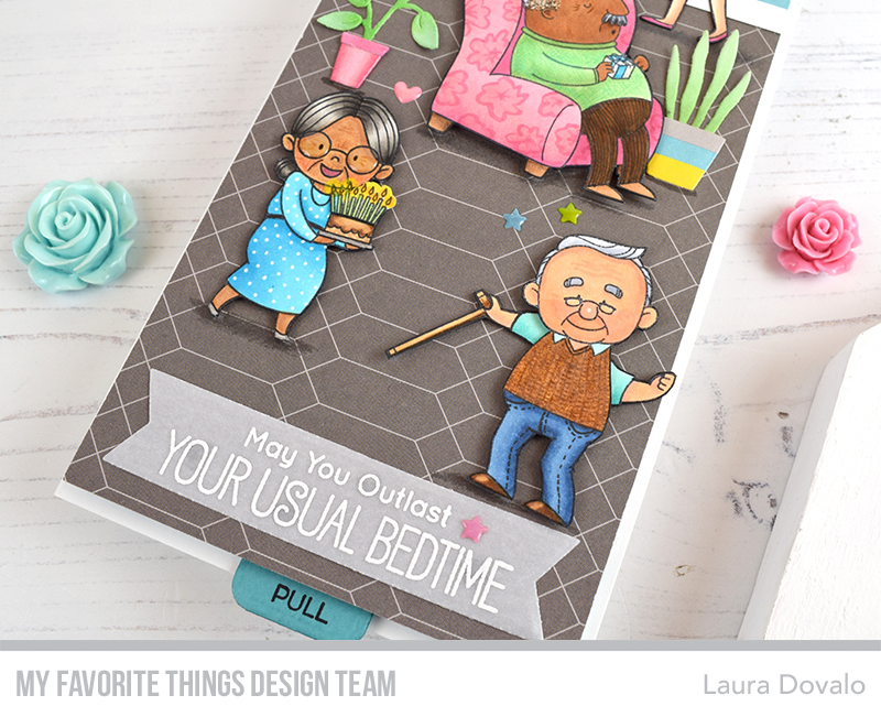 Close up of interactive greeting card with Festive Old Friends.