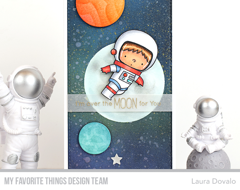 Close up of space slimline card with cute astronaut colored with Copic markers.