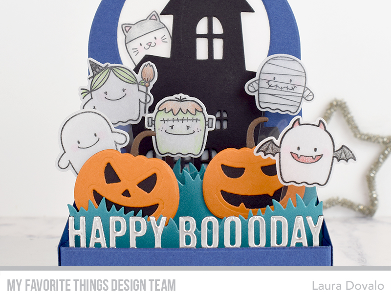 Close up of Halloween box card with cute ghosts.