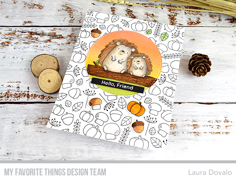 Fall card with cute hedgehogs and nature elements.