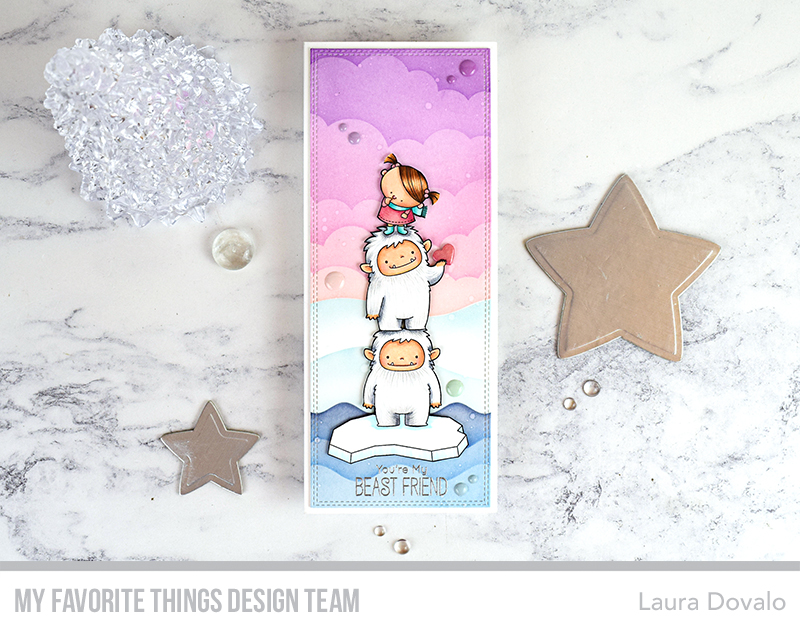Cenital view of winter themed slimline greeting card with Birdie Brown stamps in pastel tones.