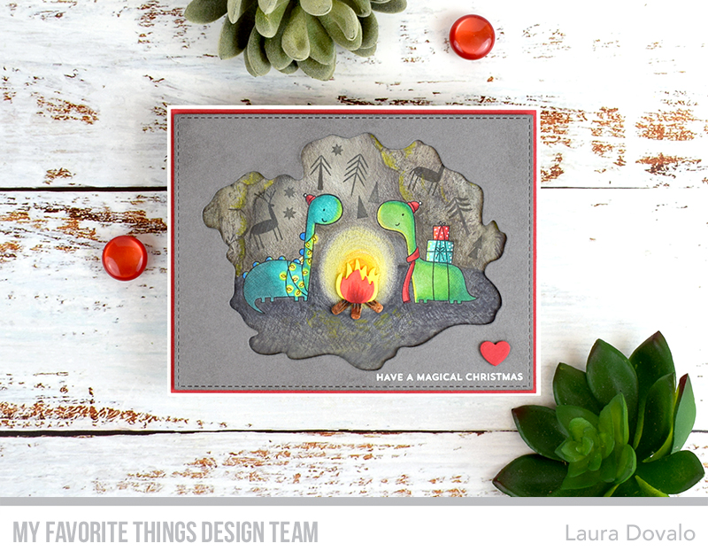 Cenital view of Christmas card with cave and dinosaurs.