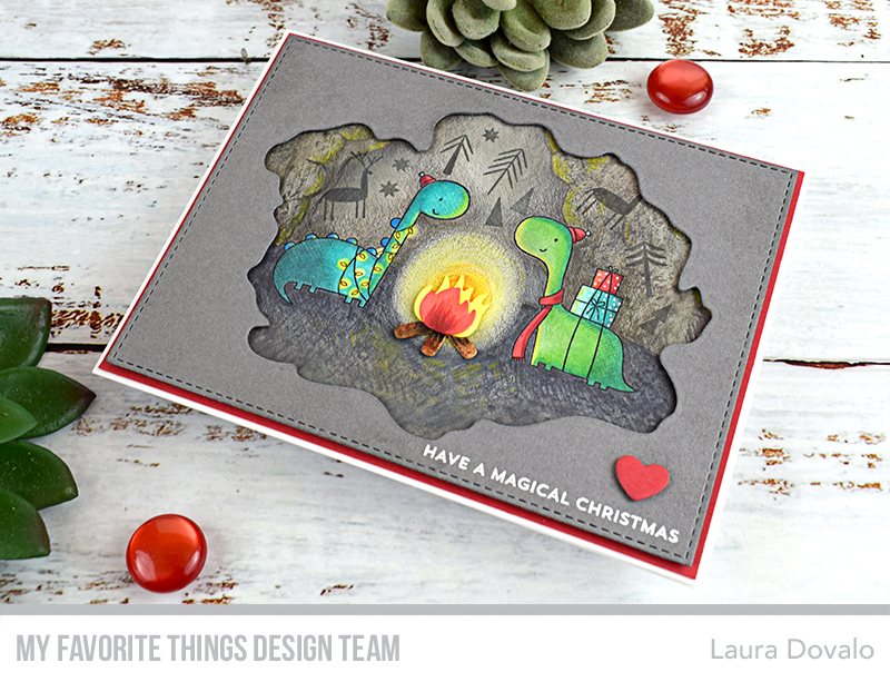 Christmas card with cave and sweet dinos from the Dino-mite Christmas stamp set by MFT Stamps.