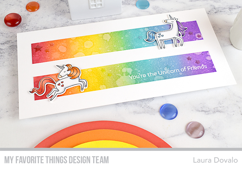 CAS card with unicorns and rainbow ink blending.