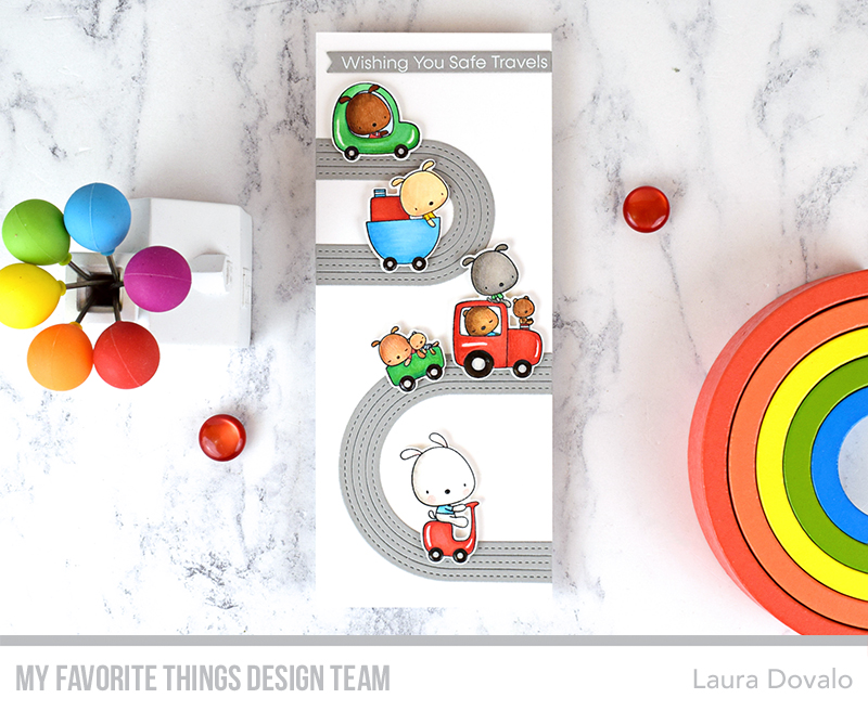 Cenital view of colorful, CAS card with toy vehicles.