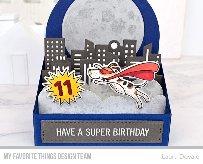 Close up of Super hero box card for MFT.