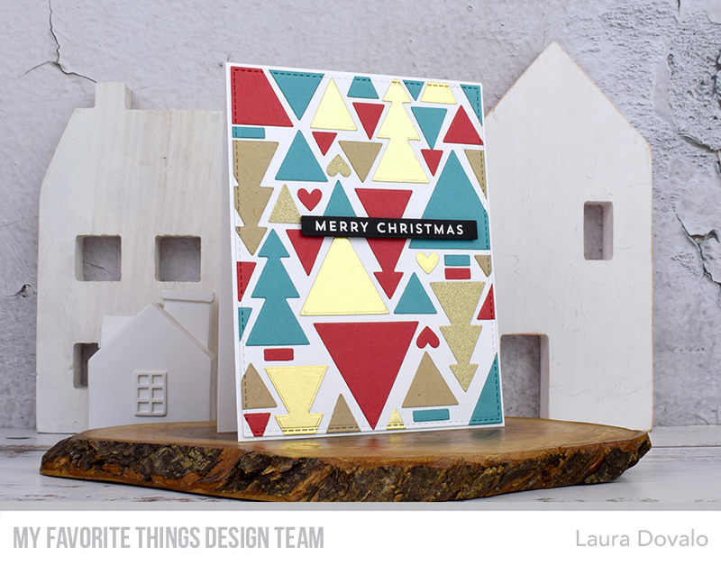 Geometric Christmas card in red, gold, kraft and greenish blue.