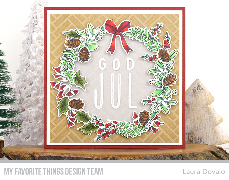 Close up of card with Christmas wreath.