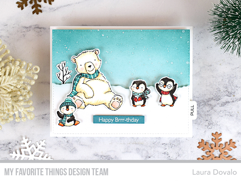Cenital view of card with polar bear and penguins.