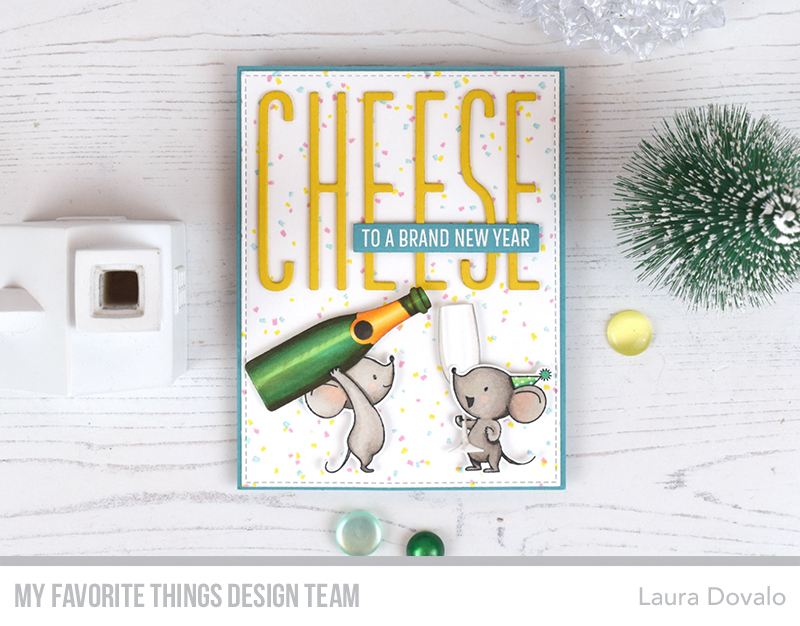 Cenital view of card with mice and champagne for Day 3 of the MFT December Release Countdown.