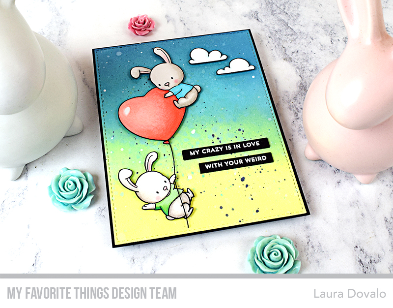 Card with heart shaped balloon and cute bunnies.