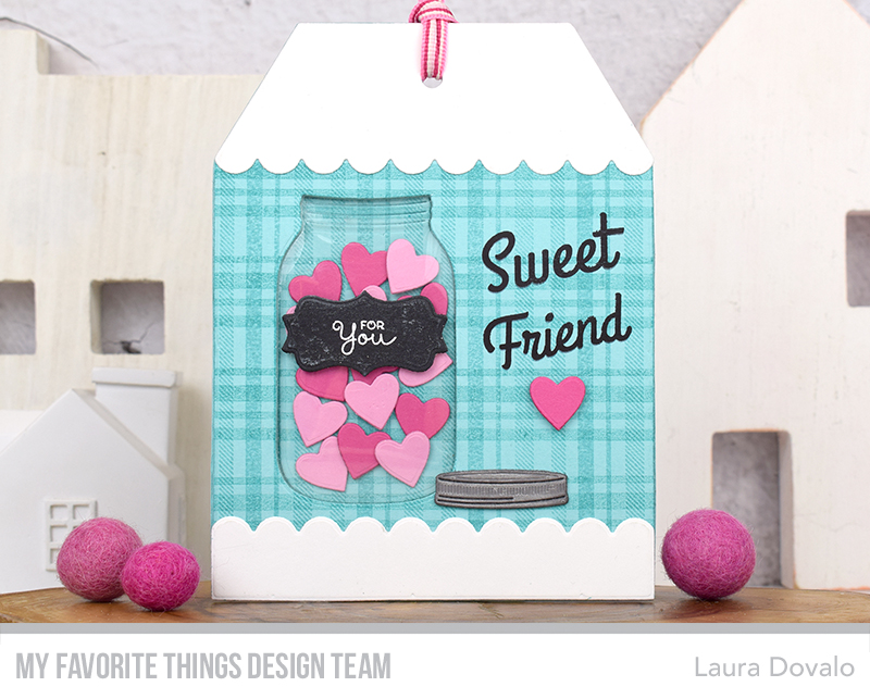 Close up of XL tag with mason jar filled with hearts.