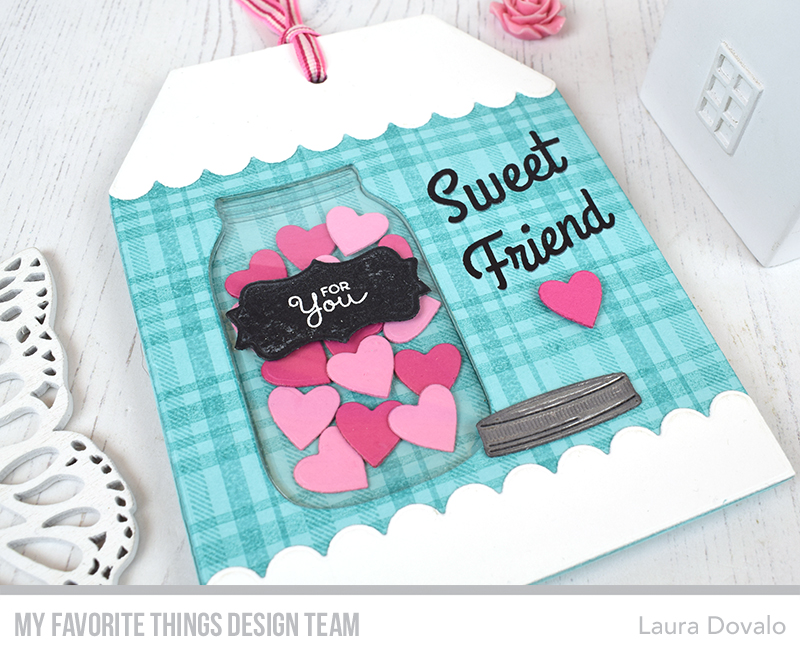 XL tag with mason jar filled with hearts for the January MFT Vault.
