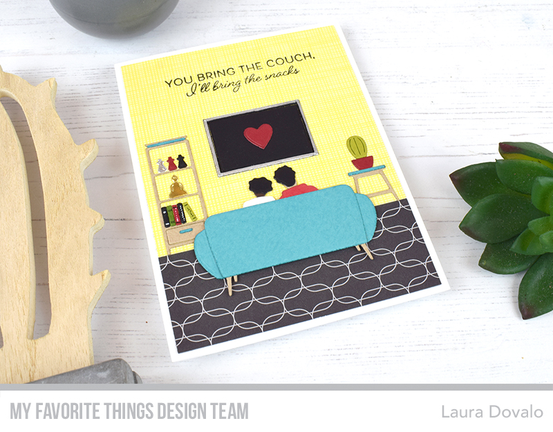 Cute greeting card with couch potatoes watching TV together.