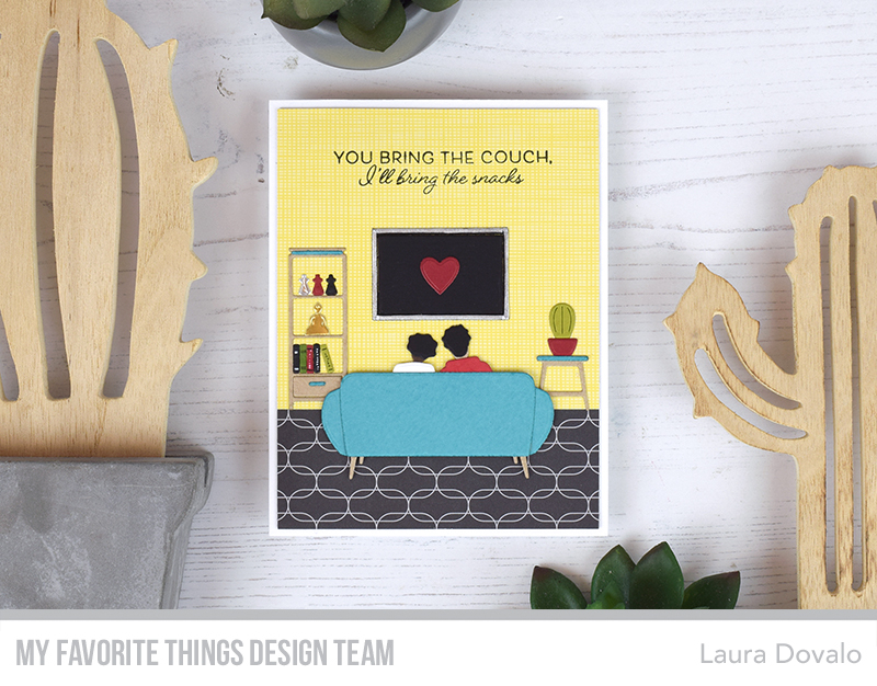 Cenital view of card with couch potatoes created with dies and stamps from the MFT "At the Movies" March Card Kit.