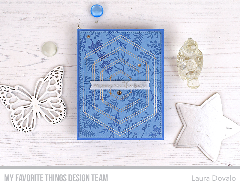 Cenital view of card with tone-on-tone stamping and foiled hexagons.