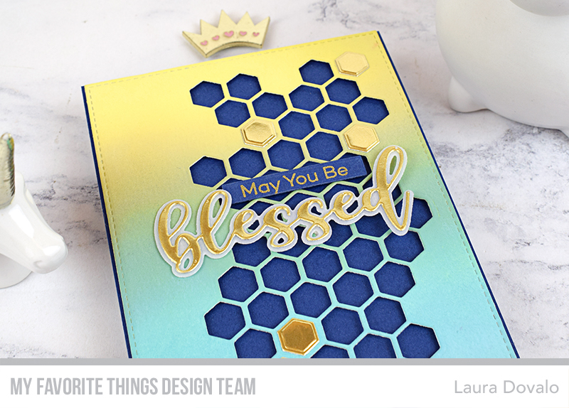 Close up of elegant card with honeycomb, ink blending and gold.