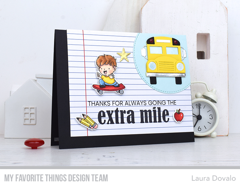 Colorful greeting card with school bus and other school related items. Created by Laura Dovalo.