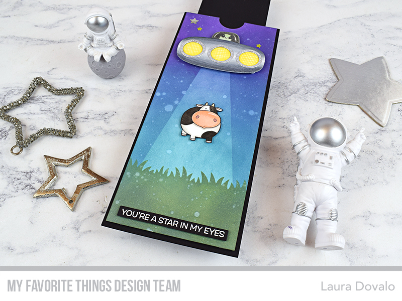 Fun interactive slider card with UFO and cow abduction by Laura Dovalo.