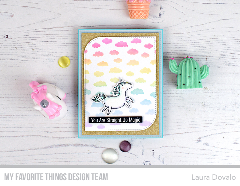 Cenital view of card with pastel cloud background and unicorn.