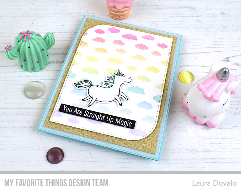 Greeting card with unicorn in pastel colors.