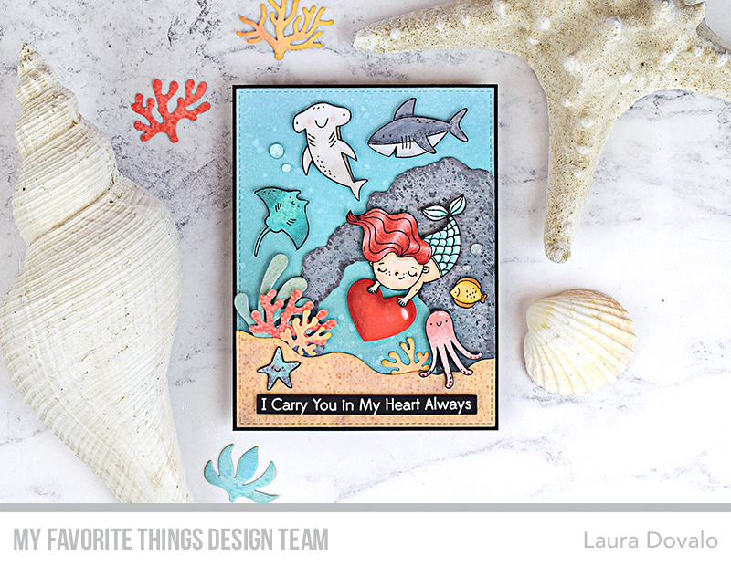 Cenital view of card with colorful underwater background.