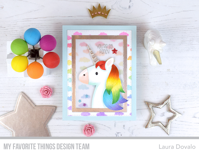 Cenital (bird) view of card with colorful XL unicorn.