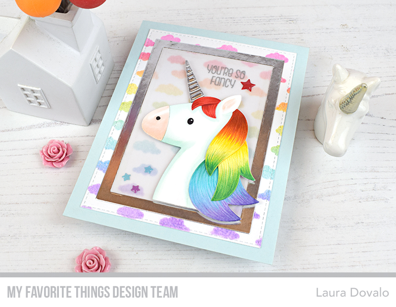 Colorful card with XL unicorn for the MFT July 2023 Release.