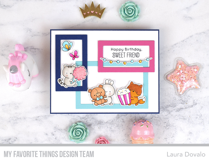 Cenital view of card with carnival critters and colorful frames.