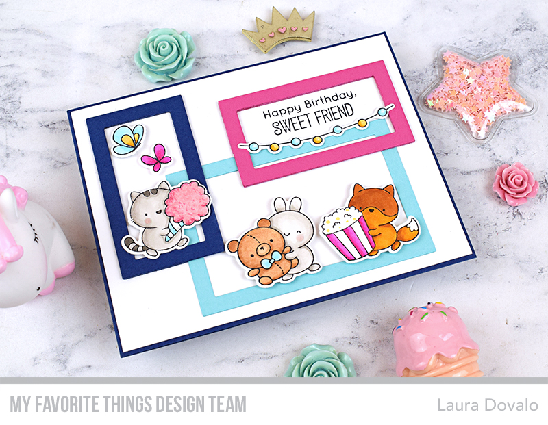 Handmade card with carnival critters and Copic coloring by Laura Dovalo.