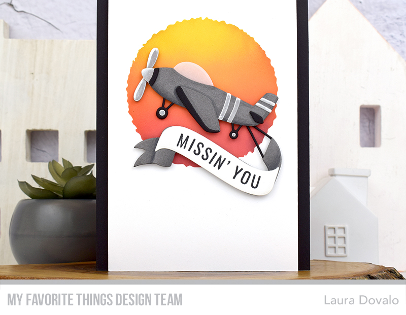 Close up of clean and simple card with a retro propeller plane in gray.