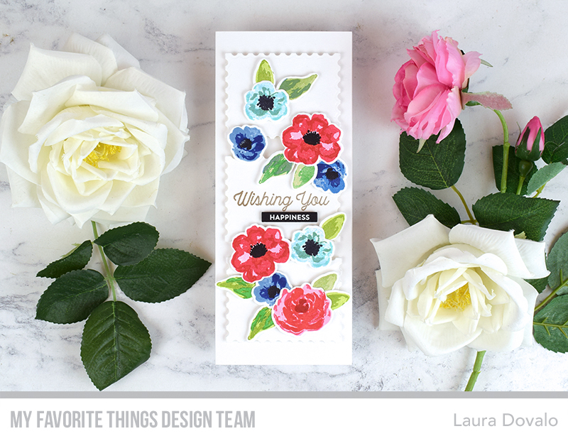 Slimline clean and simple card with colorful watercolor flowers created by Laura Dovalo.