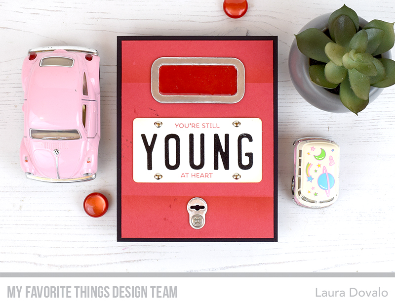 Cenital view of card with vanity license plate inspired by Volkswagen retro van.