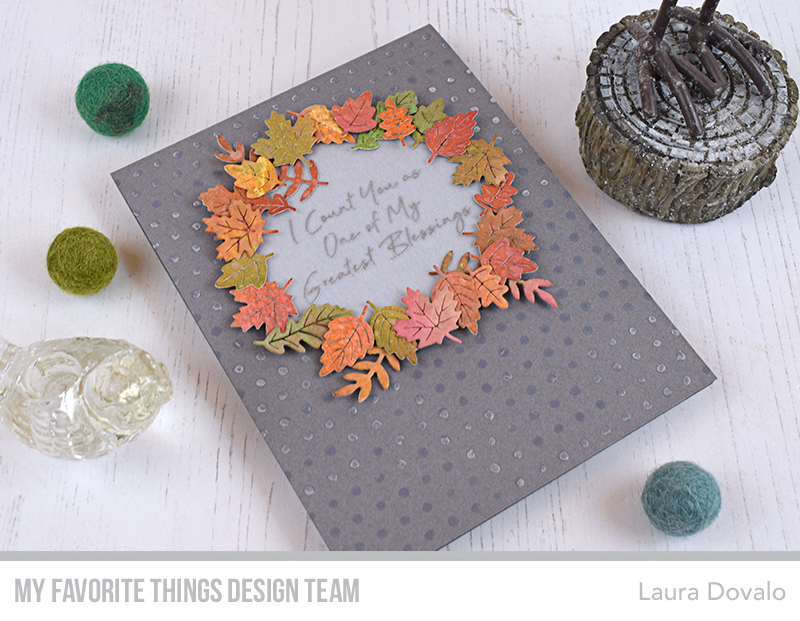 Card with wreath of leaves created with MFT products by Laura Dovalo.