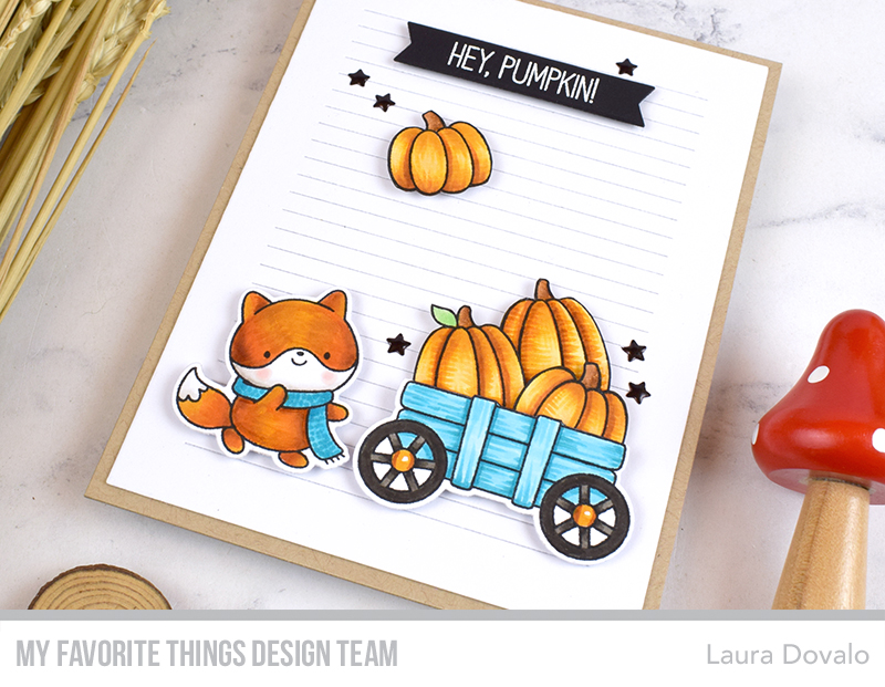 Close up of fall card with pumpkins and cute fox.