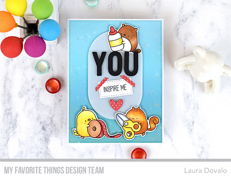 Cenital view of card with crafty critters created by Laura Dovalo using products from the MFT December Release.
