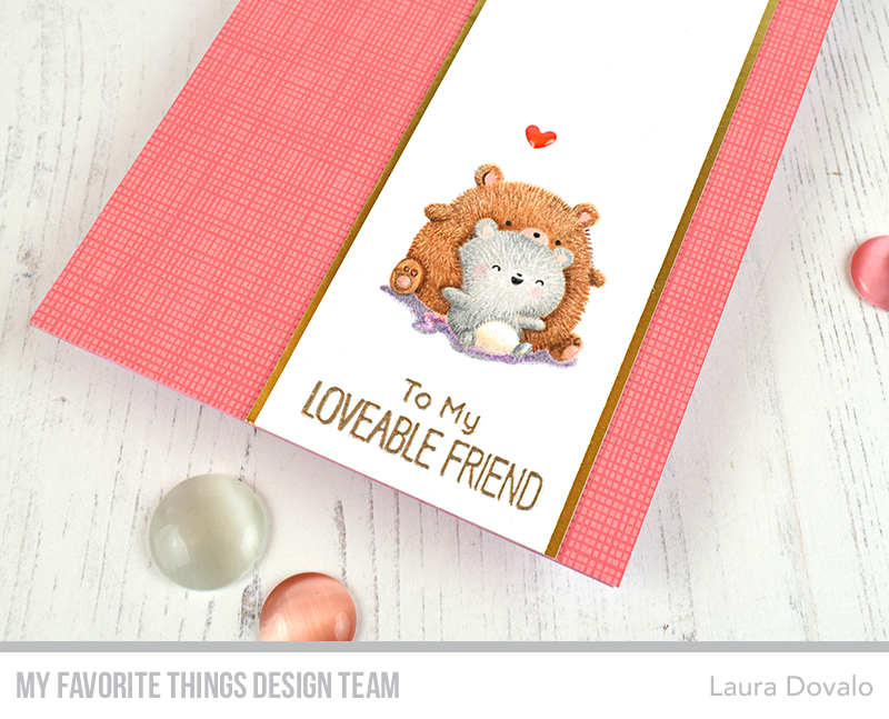 Close up of CAS card with plush toys in coral, white and gold.